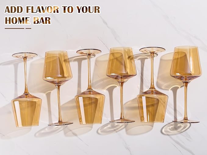 Physkoa Amber Wine Glasses Set of 6-16oz Hand-Blown Amber Wine Glass with Long Stem Unique Red&White Wine Glasses For Party Home Bar Christmas