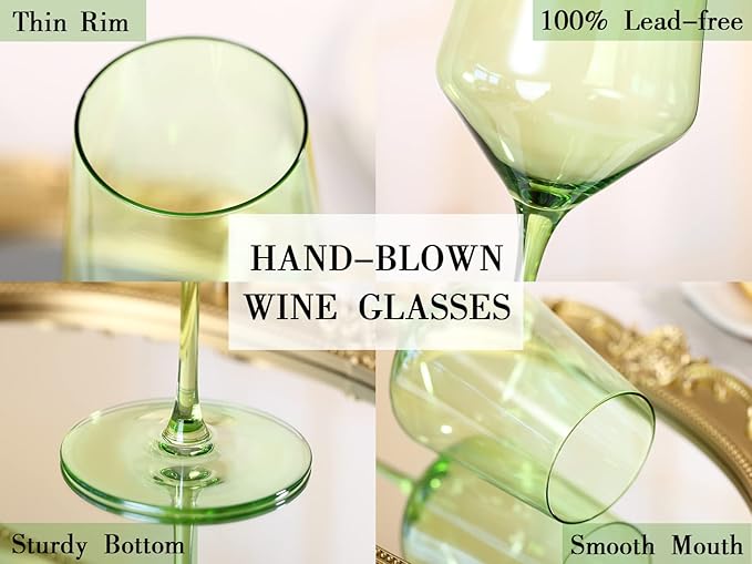 Physkoa Green Wine Glasses Set of 6-15oz Hand Blown Spring Wine Glasses Crystal Colored Glassware with Long Stem, Wedding, Birthday Gift