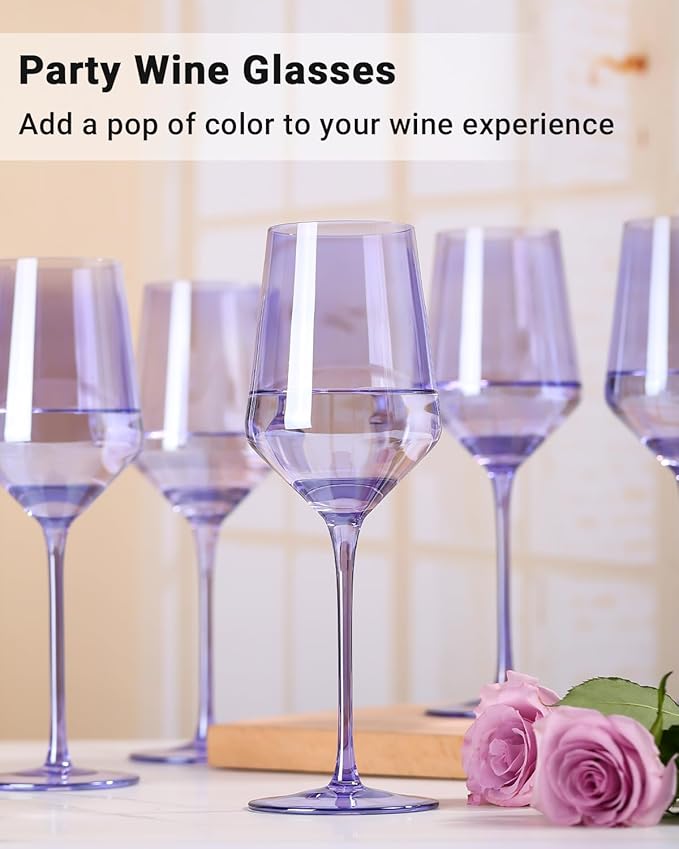 Physkoa Lavender Purple Wine Glasses Set of 6-15oz Hand Blown Crystal Colored Wine Glasses with Long Stem, Wedding, Birthday, Christmas Glassware Gifts for Lovers