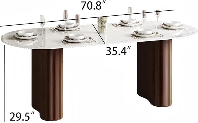 71" Modern Oval Dining Table for 6, Glossy White Sintered Stone Dining Tabletop with Brown Dual-Pedestal, Easy Assembly Dining Room Table for Home Kitchen (Table Only)