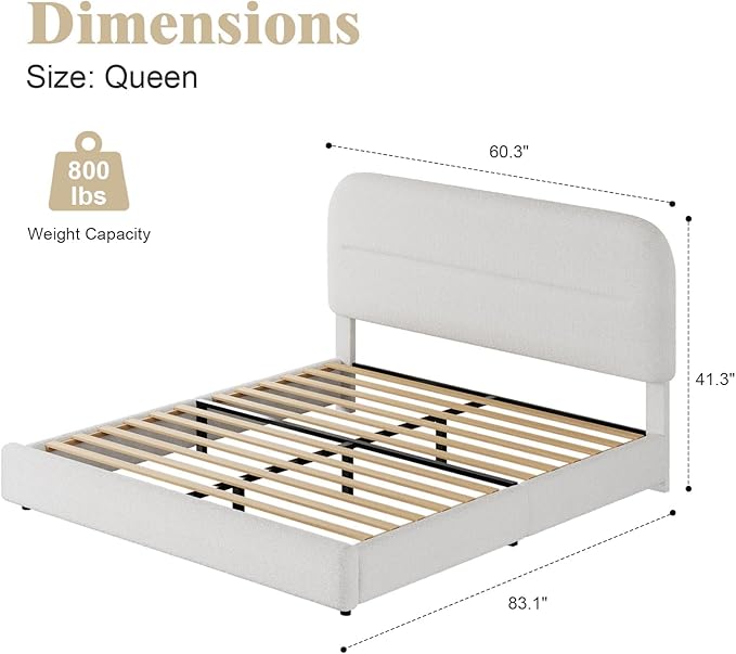 Queen Size Boucle Bed Frame, Upholstered Queen Size with Headboard, Soft Cloud Bed with Thickened Footboard, Rounded Corners, No Box Spring Needed, Easy Assembly, White