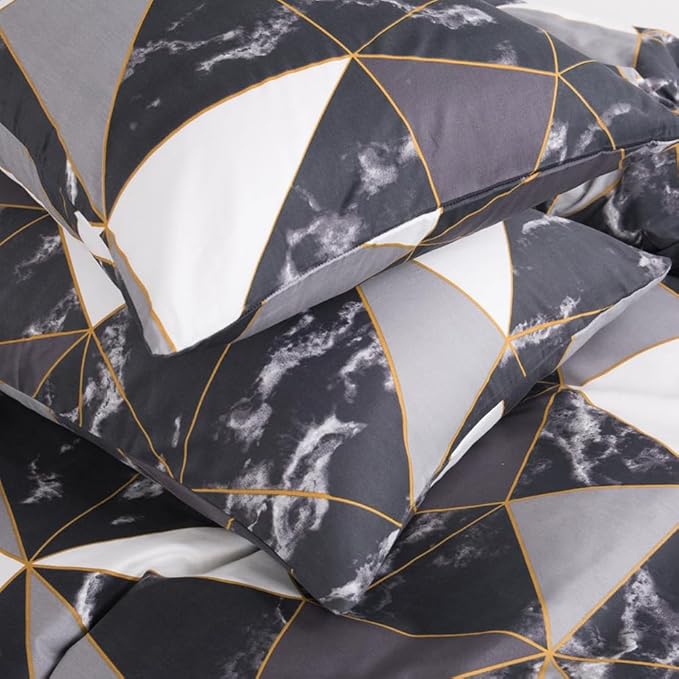 CLOTHKNOW Black Grey White Queen Comforter Set Marble Bedding Comforter Sets Soft Triangle Geometric Comforter with 2 x Pillow Cases