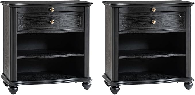 HULALA HOME Wooden Nightstand with Pull-Out Shelf, Mid Century Modern Nightstand with Solid Wood Drawers and Legs, Adjustable Storage Set of 2, Black