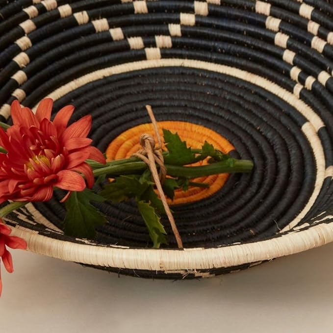 Home and Kitchen, Decorative Bowl, Fruit Basket, Table Tray, Entryway Key Holder, Wicker, Handwoven, Raffia, Large, 16" Dia, Black