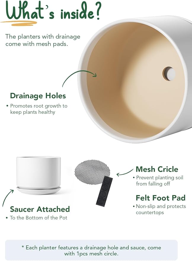 LE TAUCI 12 Inch Pots for Plants, Ceramic Plant Pots with Drainage Holes and Saucers, Elegant and Durable Large Plant Pot, Perfect for Home & Office Decor, White