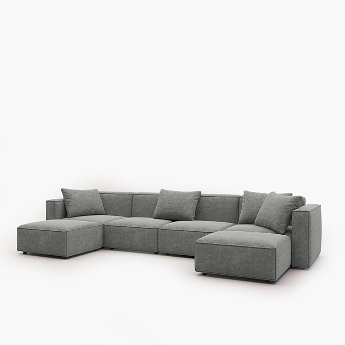 Acanva Luxury Modular Sectional Couch with Moveable Ottoman and Chaise, Modern Minimalist Style Sofa for Living Room, Apartments, U-Shape, Chenille Grey