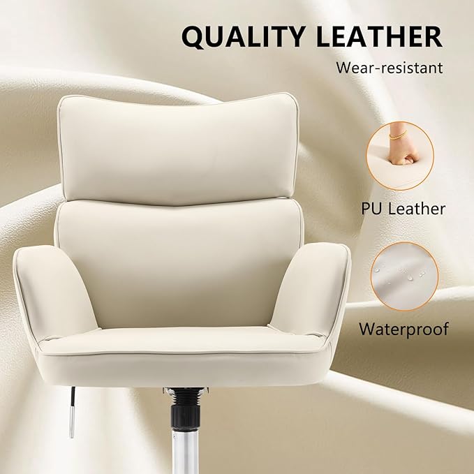 BV Adjustable Desk Chair with Wheels for Make Up, Faux Leather Rolling Armchair, 360° Swivel Comfy Task Chair for Home Office, Beige