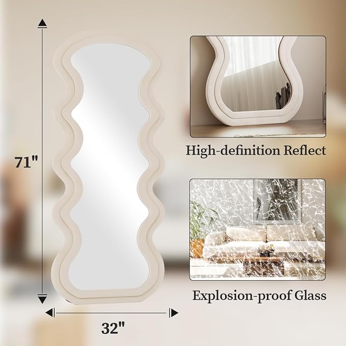 Koonmi 71"x32" Irregular Mirror Full Length, Large Full Body Freely Standing Mirror, Flannel Wave Floor Mirror with Stand for Bedroom, Living Room, Hanging or Against The Wall, White
