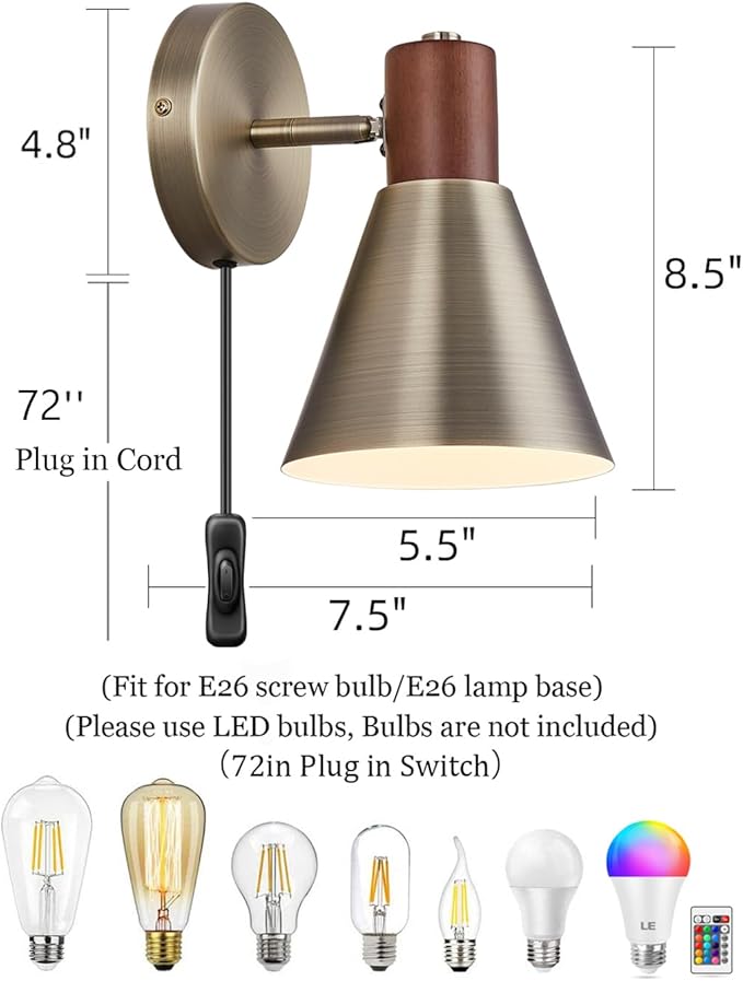 Plug in Wall Sconces Lighting Fixture Pack of 2, Vintage Brass Wooden Adjustable Bedside Wall lamp for Industrial Bedroom, Bathroom Sink Lighting (Plug-in Vintage Brass, 2)