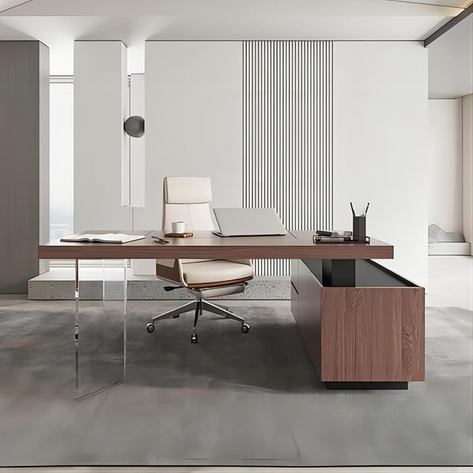 homary 71.5" Modern L-Shaped Desk, Home Executive Office Desk with Lift-Top & Storage Cabinet Walnut Productivity & Ergonomic Comfort Standing Desk for Study, Home Office, Office