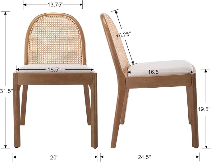 Mid Century Dining Chairs Set of 2, Rattan Linen Fabric Side Chairs Kitchen Chair with Solid Wooden Legs for Living Room Dining Room, Beige