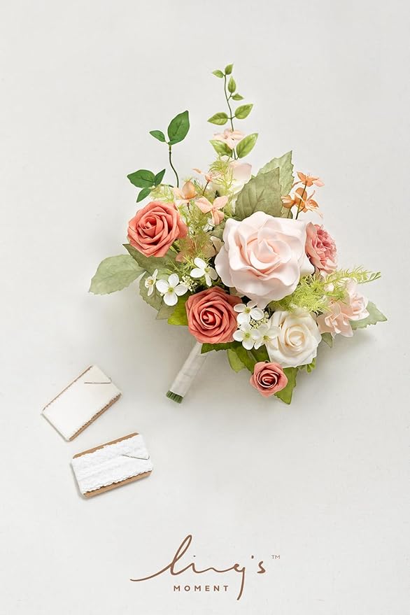 Ling's moment Artificial Flowers Pink Bridesmaid Bouquet, Blush Garden Wedding Flowers Bouquets for Bridesmaids, 7 Inch Bridal Bouquets for Bridesmaids, Wedding, etc