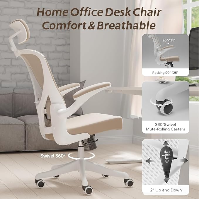Ergonomic Office Chair with Adjustable Lumbar Support & Flip-Up Armrests - High Back Desk Chair with Thickened Seat Cushion, Rolling Wheels for Home/Office Study Work