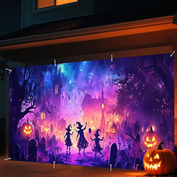 6 x 13 ft Halloween Garage Door Decorations Halloween decorations Witch Door Cover, Hanging Banner, Cauldron Backdrop Mural for Home, Outdoor, Indoor, Spooky Party, Wall, Window (Purple-2)
