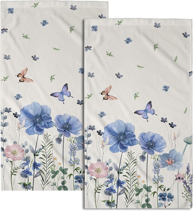 Spring Kitchen Towels Wild Flowers Set of 2 Butterfly Floral Absorbent for Home Gym Spa Blue