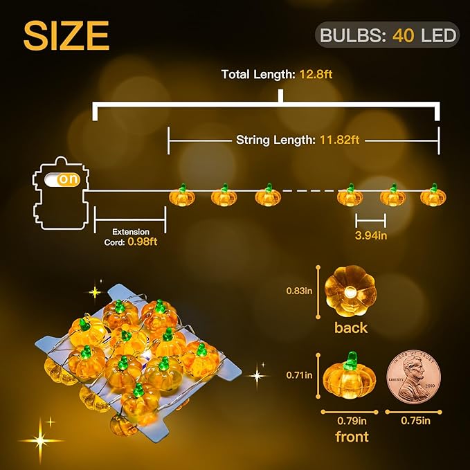 suddus 3D Pumpkin String Lights, 12.8ft 40 LED Fall Fairy Lights Battery Operated with Remote& 8 Modes & Timer, Waterproof Orange Lights for Indoor Outdoor Home, Party, Harvest Thanksgiving Décor