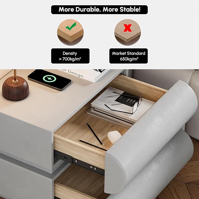 homary Smart Nightstand Modern Light Gray Leather Nightstands with Wireless Charger Bedside Table with 2 Drawers for Bedrooms Living Rooms Offices 19.7" W x 15.7" D x 15.7" H (Light Gray 2 Drawers)