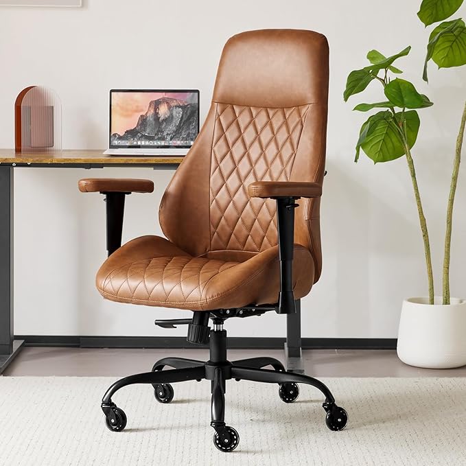 YFO Home Office Chair High Back Office Rubber Casters Ergonomic Computer Chair with Lumbar Support Adjustable Height Rolling Swivel Chair Executive Task Armrests๏ผ Brown Leather