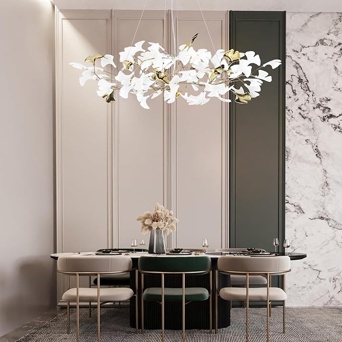 48 Inch Modern Chandelier for Dining Room, Gold Tree Branch Chandeliers with Ceramic Ginkgo Leaves, Leaf Chandeliers, 6-Light Hanging Pendant Light Fixture for Living Room, Kitchen Island