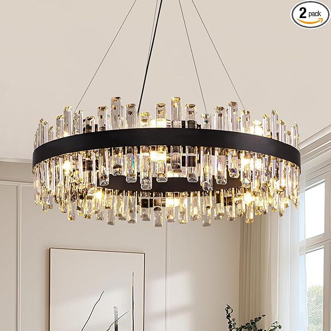 Siljoy Modern Crystal Chandelier 16-Light Farmhouse Black Round Crystal Raindrop Chandelier Industrial Dimmable Crystal Pendant Ceiling Light Fixture for Dining Living Room Entryway Foyer D31.5''