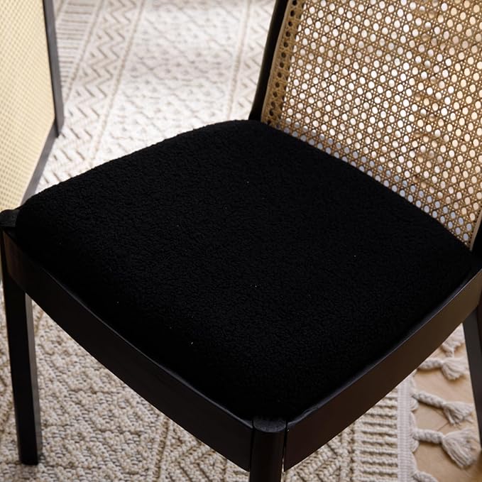 Mid Century Dining Chairs Set of 6, Rattan Sherpa Fabric Side Chairs Kitchen Chair with Solid Wooden Legs for Living Room Dining Room, Black