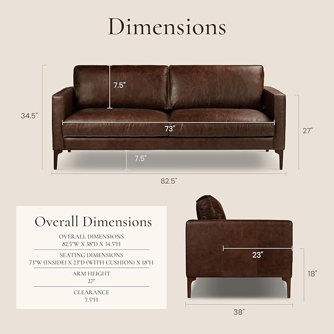 POLY & BARK Mateo Leather Sofa 82" in Full-Grain Pure-Aniline Italian Tanned Leather in Chocolate Brown