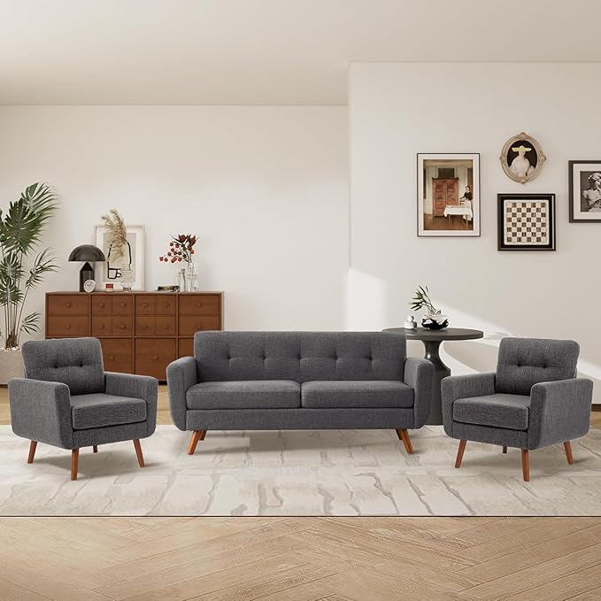 Tbfit Linen Fabric Accent Chairs Set of 2, Mid Century Modern Armchair for Living Room, Bedroom Button Tufted Upholstered Comfy Reading Accent Chair Sofa(Grey)