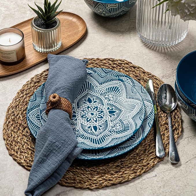 Bzyoo 12-Piece Ceramic Dinnerware Set: La La Mandala Blue Dish Set Design for Every Occasion - Microwave & Dishwasher Safe Stackable Plates Bowls