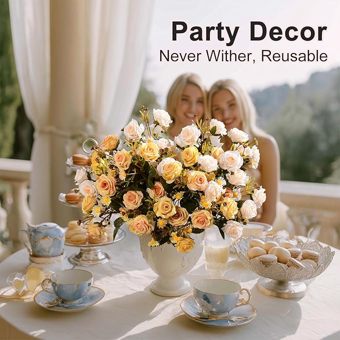 Artificial Flowers for Outdoor 4 Bundles Rose Bouquet with Daisy Faux Flowers UV Resistant for Home Indoor Outside Garden Porch Window Box Balcony Yard Porch Decor (White+Yellow)