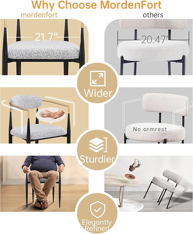 Morden Fort Mid-Century Modern Boucle Dining Chairs Set of 6, Brushed Gold with Black Metal Legs and Upholstered Cushion, Sherpa for Living Room Bedroom Outdoor Lounge