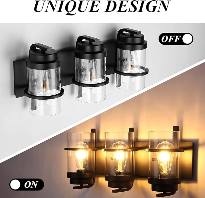 Bathroom Vanity Light Fixtures,Rustic Matte Black Vanity Lights 3 Bulb,Industrial Bathroom Light 3 Pack Sconce(Bulbs not Included)