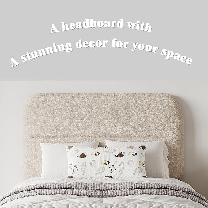 Twin Size Boucle Bed Frame, Upholstered with Headboard, Twin for Kids, Thickened Footboard/Rounded Corners/Adjustable Headboard/No Box Spring Needed/Easy Assembly, Beige