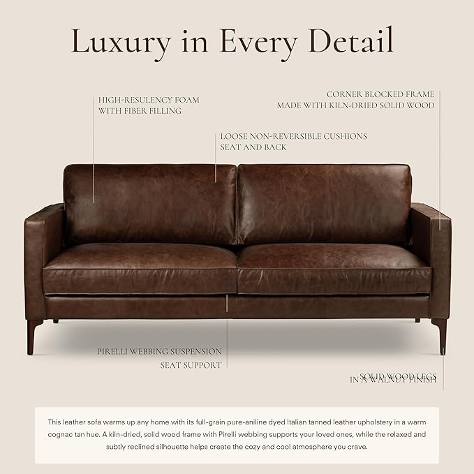 POLY & BARK Mateo Leather Sofa 82" in Full-Grain Pure-Aniline Italian Tanned Leather in Chocolate Brown