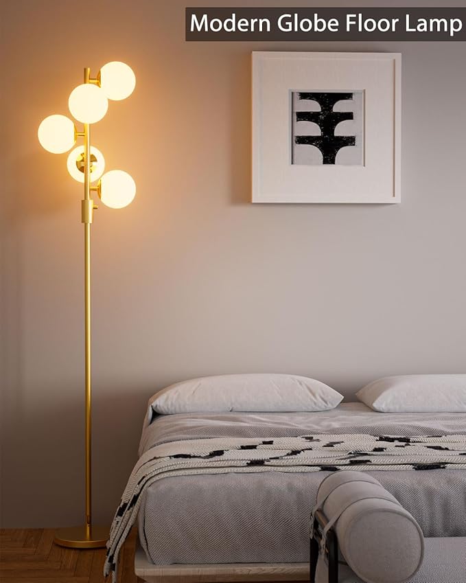 Dimmable Gold Floor Lamp, 64IN Tall Standing Lamps with 5 Globe Soft Warm White Eye Care 3000K G9 Bulbs, Mid Century Modern Floor Lamp for Living Room Bedroom Office