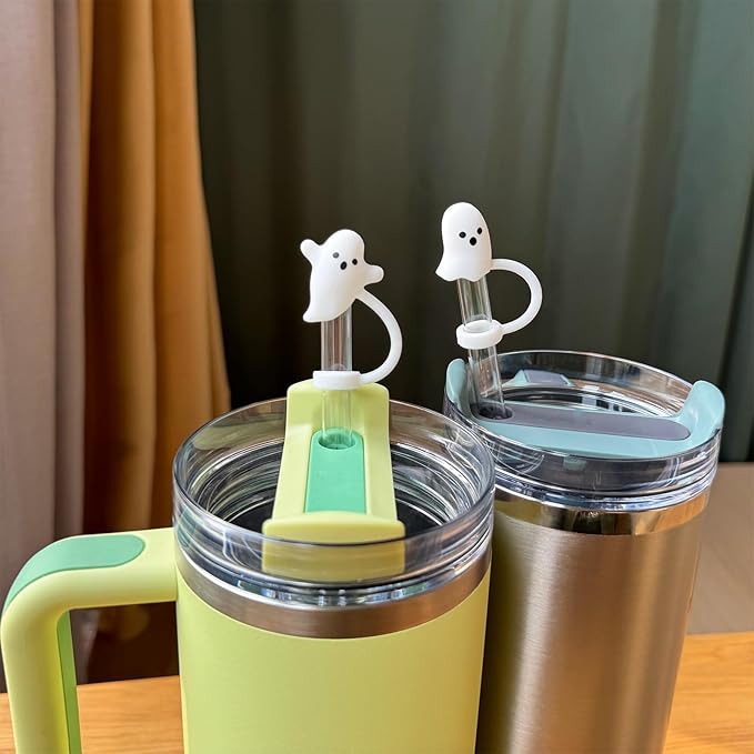 Cute Ghost Straw Covers Water Bottle Compatible with Stanley Water Bottle 30 40 oz, 4PCS Silicone Reusable Drinking Straw Topper, Funny Accessories Halloween Decorations Gifts Boo Basket Items Essentials