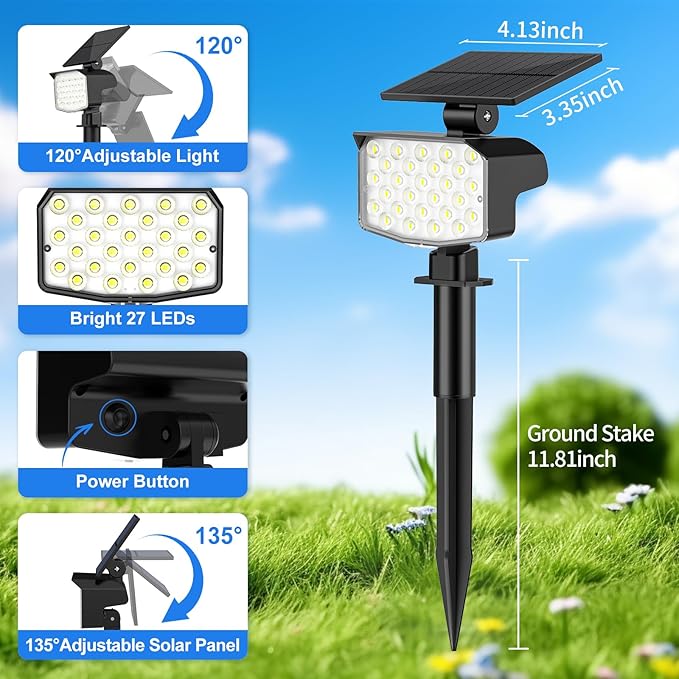 Solar Spot Lights Outdoor Waterproof Adjustable Solar Powered Landscape Lights for Yard 3 Long Time Lighting Modes Spotlights for Pathway Garden Outside Wall Pool Porch- 2 Pack, Cool White