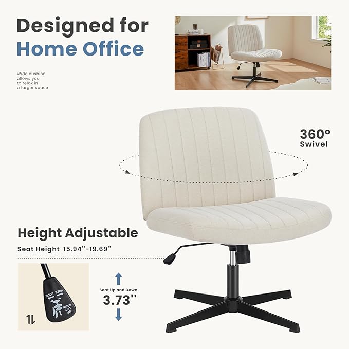DUMOS Criss Cross Chair No Wheels Wide Cross Legged Desk Vanity Chair Comfy Fabric Armless Adjustable Swivel for Home Computer Task (Beige)