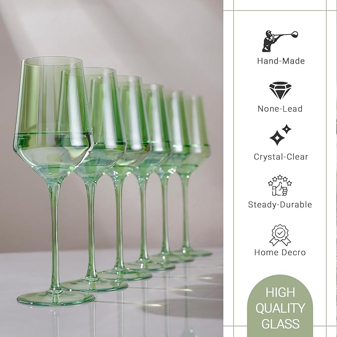 Physkoa Green Wine Glasses Set 6-15oz Crystal Green Wine Glasses With Long Stem