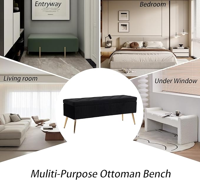 Velvet Storage Bench for Bedroom, Upholstered End of Bed Bench Modern Tufted Ottoman with Gold Legs for Living Room/Window/Entryway (Black, Rectangle-45.5" W)