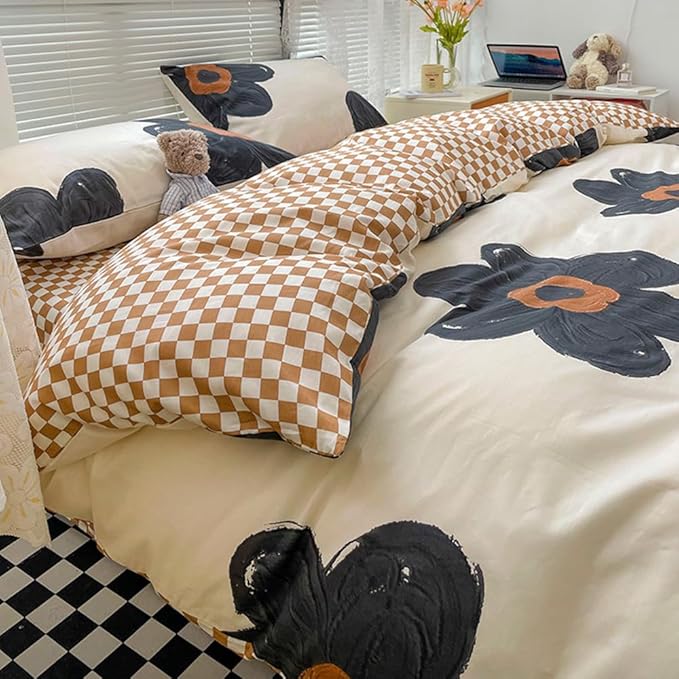 CLOTHKNOW Black Sunflower Twin/Twin XL Comforter Set Floral Bedding Comforter Sets Brown Plaid Comforter Boho Comforter with 2 x Pillow Cases