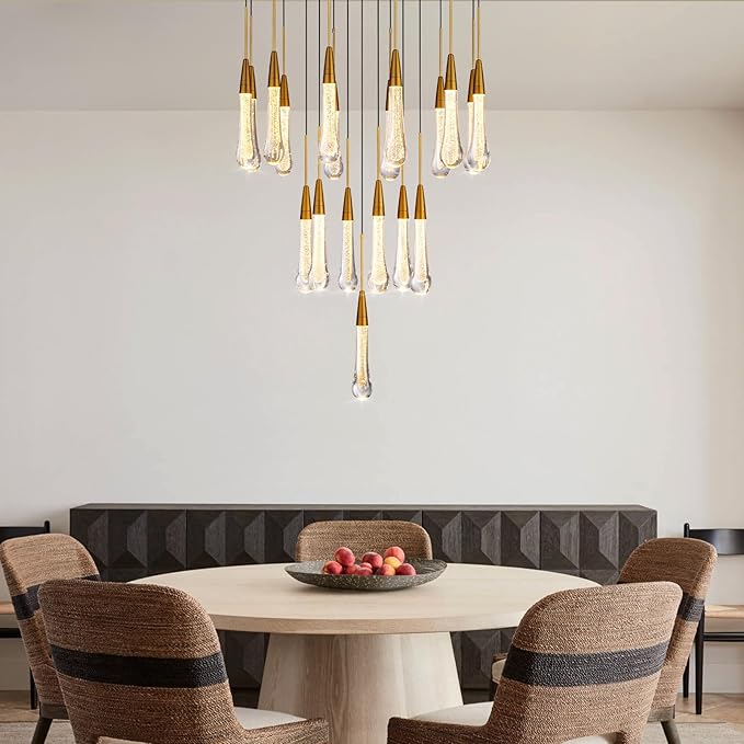 Large Raindrop Chandelier for Foyer, Entryway, 19-Light Gold Chandeliers for High Ceilings, Staircase, Luxury Long Big Hanging Light Fixtures with Glass, Brass Pendant Light Fixtures Living Room