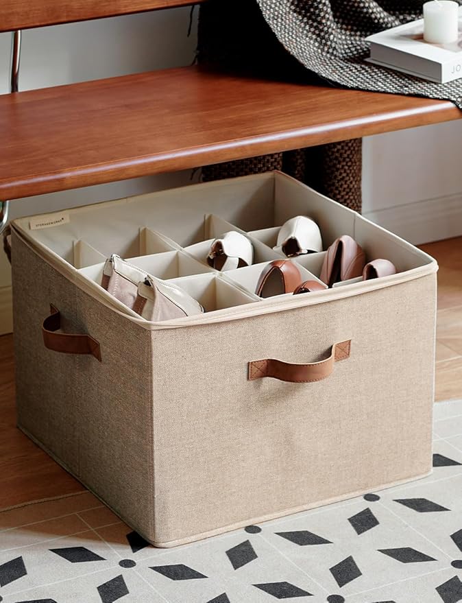 StorageWorks Shoe Organizer for Closet, Fits up to 16 Pairs, Shoe Cubby Storage Containers with Adjustable Dividers and Clear Cover, Mixing of Brown & Beige