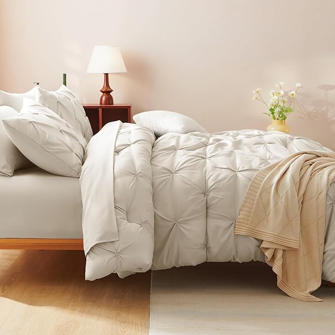 CozyLux King Size Comforter Set Beige, 7 Pieces Bed in A Bag Beige Comforter King Size, Pinch Pleat Bedding Set with All Season Comforter, Sheets, Pillowcases & Shams