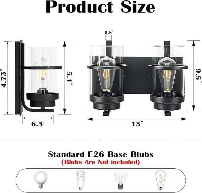 Bathroom Vanity Light Fixtures,2 Light Bathroom Vanity Lights,Black Farmhouse Sconce Over Mirror(Bulbs not Included)