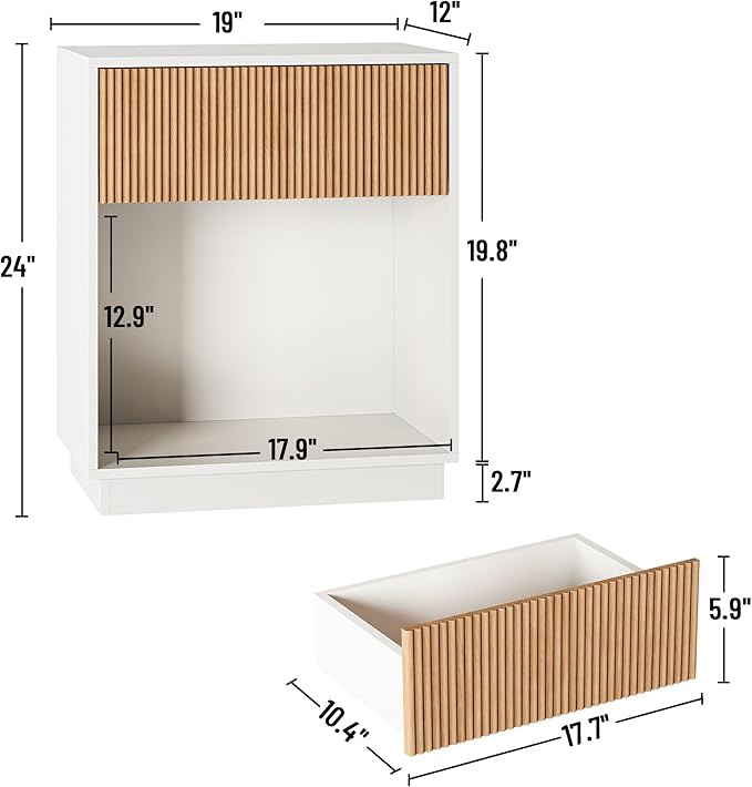 Fluted Nightstands Set of 2, Modern Bedside Table with Drawer and Storage Shelf, Wood End Table Mid Century Night Stands for Bedroom Living Room Office (White+Oak)