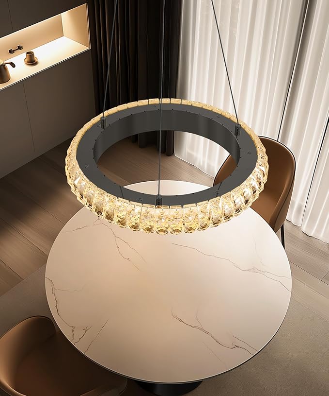 16" Ring Modern LED Dimmable Crystal Chandelier Adjustable Height Pendant Light Round Crystal Chandelier Light Fixtures for Dining Room Living Room Kitchen Island Black