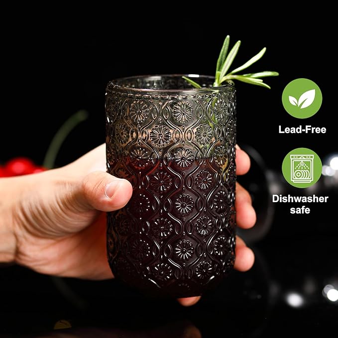 Grey Drinking Glasses Set of 12, 12 Oz Highball & 10 Oz Cocktail Glasses, Grey Kitchen Vintage Glassware Set, Floral Embossed Glass Tumbler Cups for Water, Beer, Juice, Whiskey, Coffee