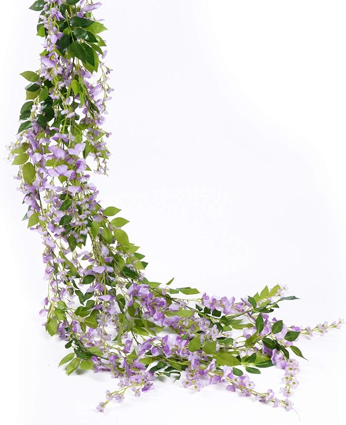 Lvydec Wisteria Artificial Garland, 4 Pcs Total 28.8ft Artificial Wisteria Vine Silk Hanging Flower for Home Garden Outdoor Ceremony Wedding Arch Floral Decor (Light Purple)