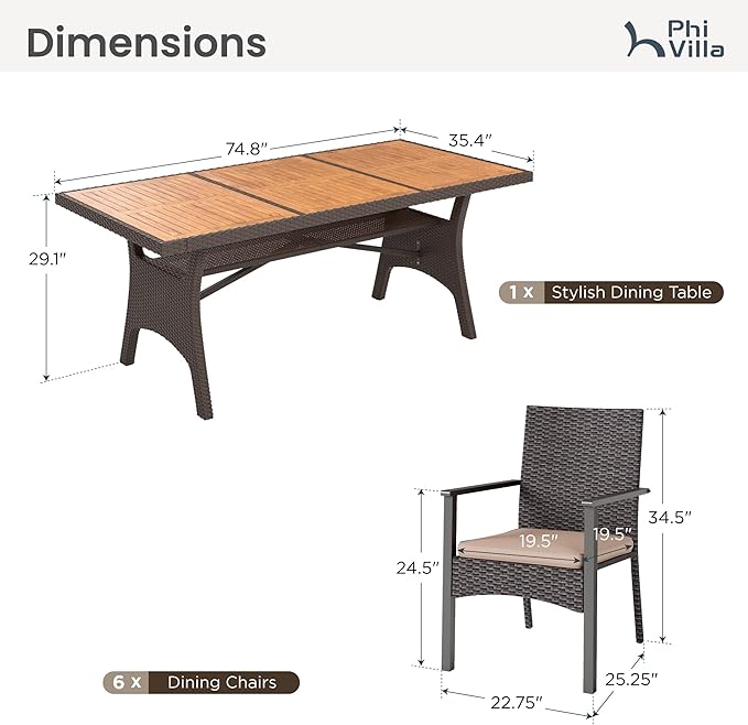 PHI VILLA Outdoor Dining Set for 6, Rectangular Rattan Table with Acacia Wood Top & Wicker Chairs with Cushions, 74” Large Modern Furniture Set for Patio, Deck, Backyard, Porch