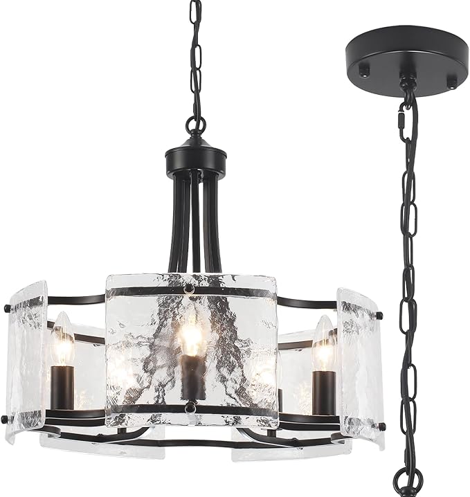 Modern Black Chandelier 5-Light Textured Glass Chandeliers for Dining Room 18.9''Drum Crystal Light Fixture Over Table Farmhouse Round Pendant Light for Kitchen Island Bedroom Living room Foyer,E12